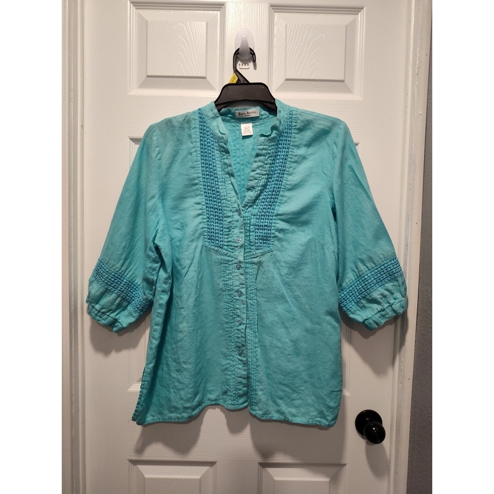 Susan Bristol 100% Linen Aqua 3/4 Sleeve Button Neck Shirt Sz‎ 1X Cool Light - Picture 6 of 6